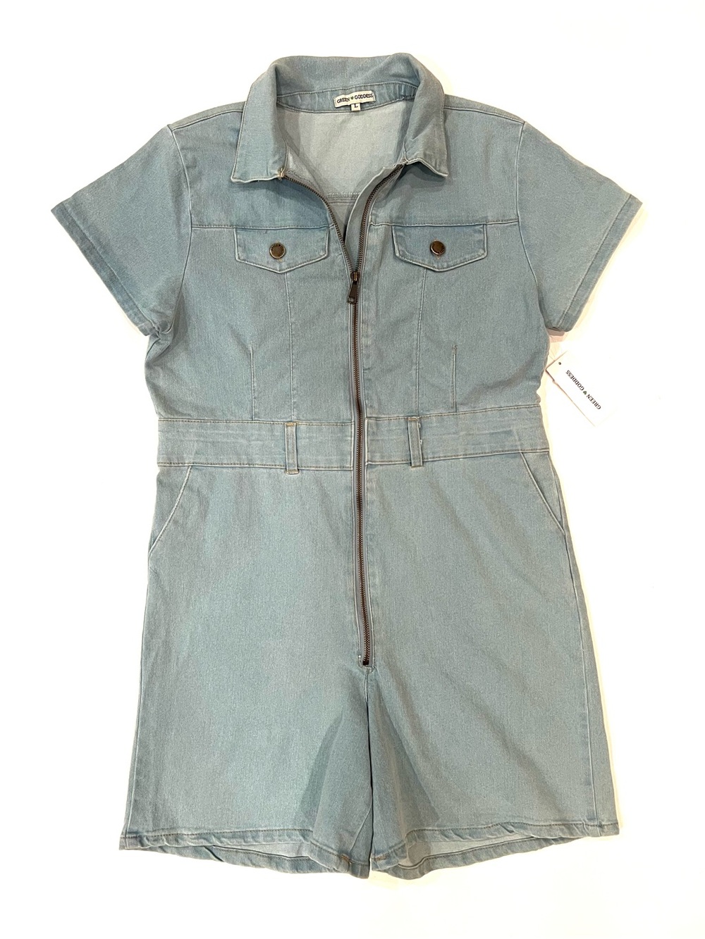 Green Goddess Stretch Light Denim Jean Short Sleeve Romper Zip Front Large NEW